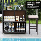 Tangkula 3 Piece Patio Bar Set, Outdoor Rattan Bar Table and 2 Stools with Tempered Glass Tabletop, 2-Tier Storage, Removable Cushions, Outside Wicker Conversation Set