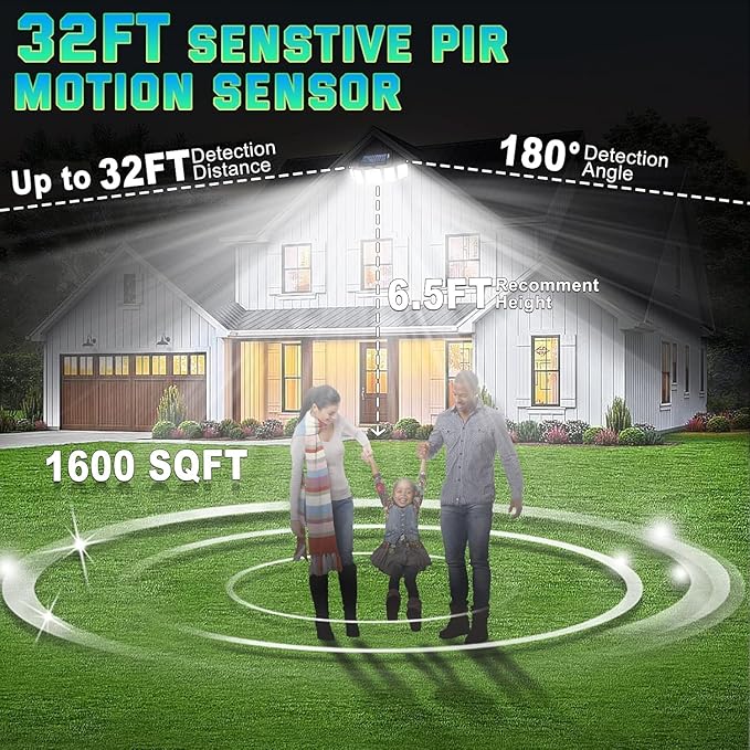 Solar Lights Outdoor Waterproof Motion Sensor - 416 LEDs 3000 Lumens Super Bright 3 Brightness 3 Modes 2400mAh 360° Illumination 32ft Solar Flood Security Light for Outside (‎With Remote Control, 4)
