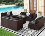 NICESOUL 9pcs Patio Furniture Set with Fire Pit Propane/Gas, 29.3'' High Back Modern Comfy Outdoor Conversation Set, Extra Wide Modular Sofa for Heavyweight, Brown Rattan and Dark Gray Cushion