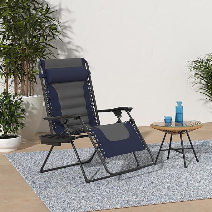 Best Choice Products Oversized Padded Zero Gravity Chair, Folding Outdoor Patio Recliner, XL Anti Gravity Lounger for Backyard w/Headrest, Cup Holder, Side Tray, Polyester Mesh - Navy/Gray