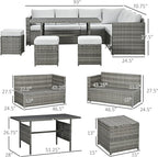 Outsunny 7 Piece Rattan Outdoor Patio Furniture Set, L-Shaped Sectional Sofa Conversation Set with Loveseats, Ottomans, Dining Table, Cushions, Storage, Mixed Gray