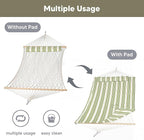 SUNCREAT Portable 2 Person Hammock with Hardwood Spreader Bar, Cotton Rope Outdoor Hammock with Polyester Pad, Green&Beige