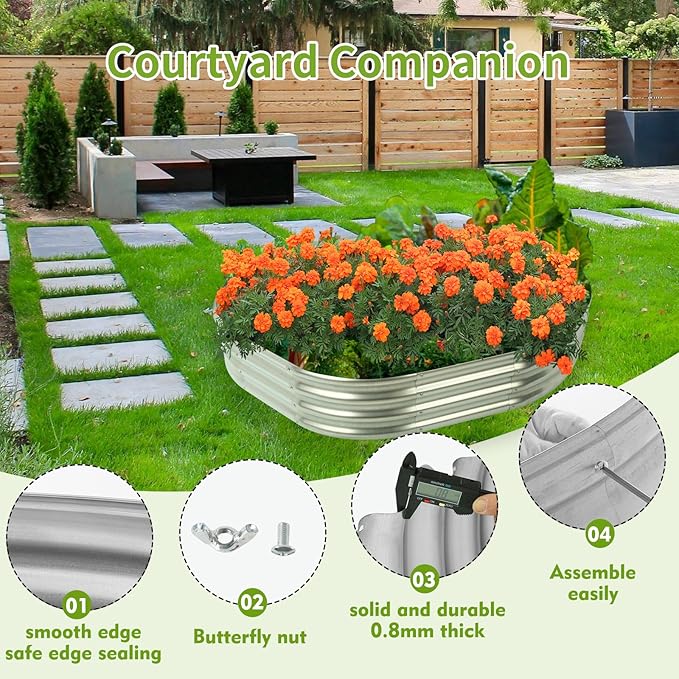Oval Galvanized Planter Box, Metal Raised Garden Bed - 0.8MM Thick- Ideal for Outdoor Gardening and Planting of Vegetables Flowers Fruits Succulent Plants and Others (Silver, 5X2.7X1 FT)