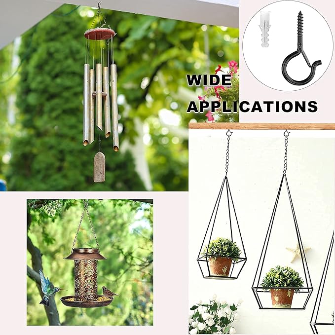 PlusRoc 20 Pack Ceiling Hooks for Hanging Plants Outdoor String Lights Heavy Duty, 2.2 Inch Eye Hook Screw in Cup Hooks Q-Hanger for Patio Lights, Wall Wood Fence Deck Mount(Black)