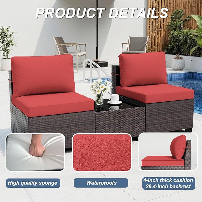 ALAULM Patio Furniture Set with Coffee Table, 7 Pieces Outdoor Sectional with Wide Seat and Thick Cushion, All Weather Wicker Rattan Conversation Set for Backyard, Garden, Deck, Red