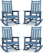 KINGYES Oversized Outdoor Rocking Chair Set of 4, All-Weather Patio Rocking Chairs for Porch, HDPE Outdoor Patio Rockers with High Back & Wide Seat for Garden, Lawn, Blue
