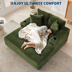 GarveeHome Oversized Chaise Lounge Chair Indoor, 56x60 in Comfortable Corduroy Lounge Sofa with Charging Ports & Cup Holders, Cozy Reading Couch for Bedroom Living Room Apartment, Green