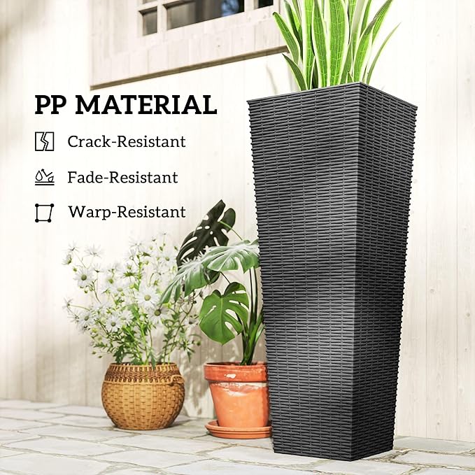 Outsunny 32 Inch Tall Planters for Outdoor Plants, Set of 2 Plastic Rattan-Like Flower Pots with Drainage Holes, Stackable Tapered Planters for Indoor Plants, Front Porch, Black
