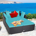 Tangkula Outdoor Rattan Daybed, Sunbed Wicker Furniture w/Spacious Seat, Upholstered Cushion & High-Resilience Sponge, Wicker Patio Sofa Set w/Extra Pillows for Courtyard Poolside(Turquoise)