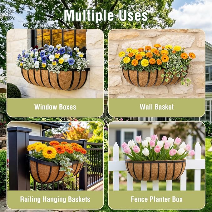 4 Pcs 36 Inch Trough Coco Liner for Window Box, 100% Natural Half Moon Coconut Coir Planter, Replaceable Coconut Fiber Liner for Window Boxes & Fence Flower Baskets (4, 36 inch)