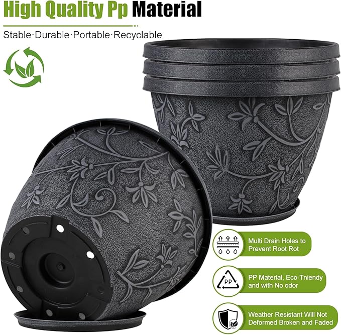 4 Pack 8 Inch Flower Pots for Outdoor Indoor, Plastic Plant Pots with Drainage Hole & Saucer, Lightweight Small Resin Flower Pot, Imitation Magnolia Pots for Garden House planters（Gray）