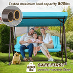 3 in 1 Outdoor Porch Swing with Adjustable Canopy, 3 Seat Outdoor Swing for Adults, Patio Swing Chair with Thickened Cushions,Pillows & Cup Holders for Backyard, Porch, Garden (Lake Blue)