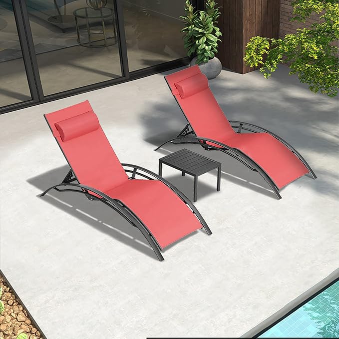 Outdoor Chaise Lounge Set of 2 with Side Table, Coral Red Aluminum Frame