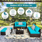Tangkula 6 Piece Patio Furniture Set, Outdoor Deck Lawn Backyard Durable Steel Frame PE Rattan Wicker Sectional Sofa Set, Conversation Set with Coffee Table (Turquoise)