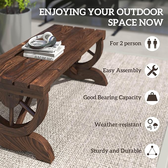 Outsunny 2-Person Wooden Garden Bench, Outdoor Wagon Wheel Porch Bench for Backyard Garden, Support 550 LBS, Rustic Country Style Patio Furniture, Brown