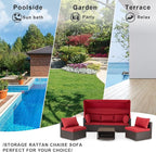 HOMREST 6 Pieces Patio Furniture Sets, Rattan Daybed with Retractable Canopy, Outdoor Sectional Sofa Set with Adjustable Backrest, Chaise Chair Sunbed for Garden Poolside Backyard(Red)