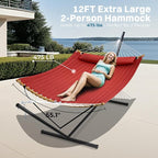 SUPERJARE Hammock with Stand, 2 Person Heavy Duty Hammock with Padded Cotton, Detachable Pillow & Strong Curved-Bar & Portable Carrying Bag, Perfect for Outdoor & Indoor, Burgundy