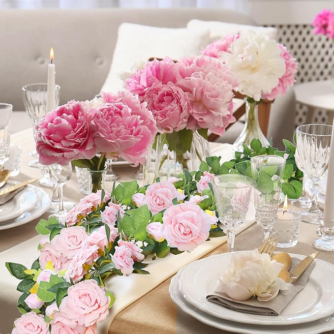 Artificial Plants Greenery: Pink Silk Rose Vines, 6 Pack, 7.75 Ft Each