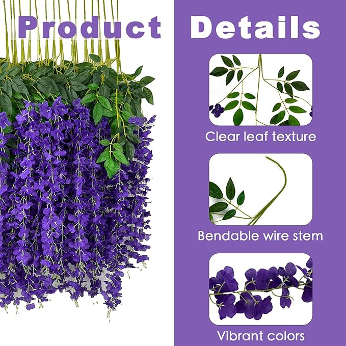 Artificial Wisteria Flower Vines, 48 Pack, Dark Purple Hanging Decor