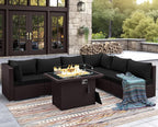 NICESOUL 7 Piece Outdoor Patio Furniture Set with Fire Pit Table Natural Gas/Propane, Tall Wide Deep Sectional Couch Sofa for Outside, 29.3'' High Back Backyard Sitting, Brown Rattan and Black Cushion