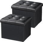 AmasSmile Storage Ottoman Folding Foot Rest Stool, Leather Footstool Bench, Short Ottoman Stool, Storage Foot Rest Store, Books (Black-2pc, 17" D x 13" W x 13" H)