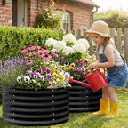 AHEONLAR 2 Pack 2x2x1.5ft Round Galvanized Raised Garden Bed Outdoor Metal Planter Box for Vegetables Steel Raised Beds for Gardening Black