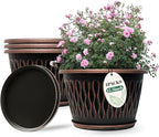 Usocik 4 Pack 10 Inch Retro Plant Pots, Vintage Striped Flower Pots with Drainage Hole & Saucer, Large Plastic Planters for Indoor and Outdoor Plants, Decorative Garden Pots(Copper)