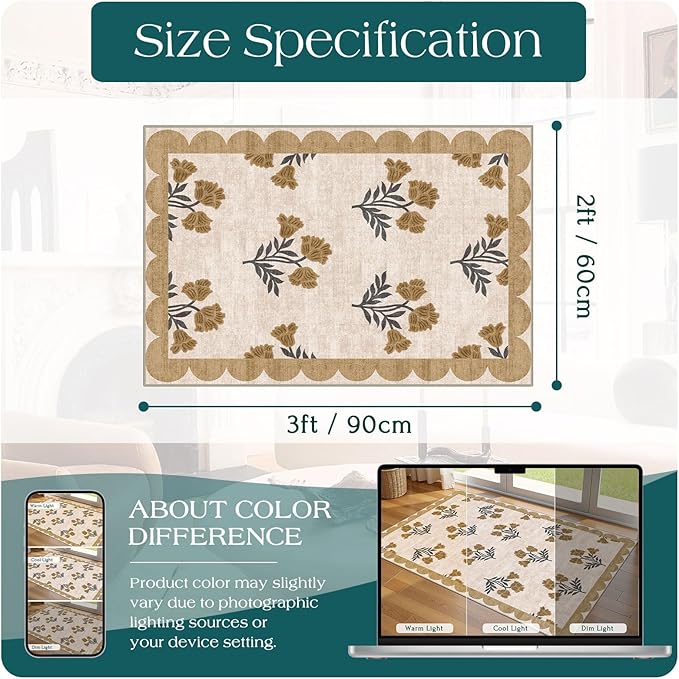 Outdoor Rug, 2 x 3 ft Floral Scalloped Edge Entry Mat in Beige