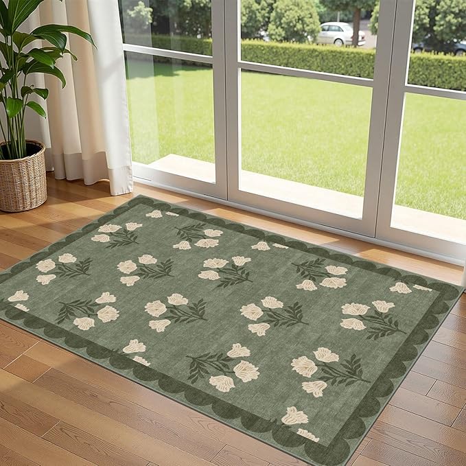 Outdoor Rug 3x5 ft Washable Floral Entryway Mat in Sage Green