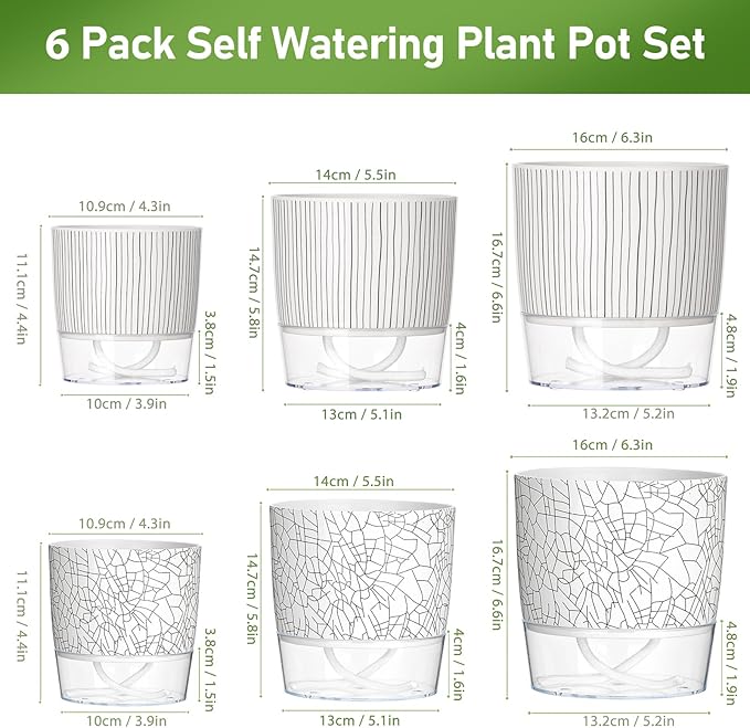 Self Watering Pots for Indoor Plants, 4/5.5/6.3 Inch Plant Pots Indoor Outdoor with Drainage Holes, Deep Reservoir, Plastic Self Watering Flower Pots