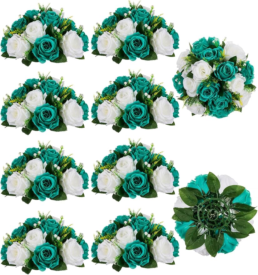 Artificial Flower Ball Centerpiece, Teal and White Silk Roses