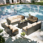 Aoxun Patio Furniture Set with Fire Pit Table, 12 Piece Outdoor Sectional Sofas, 10 Seats Wicker Rattan Outdoor Furniture with Thickened Cushion for Backyard, Garden Begin