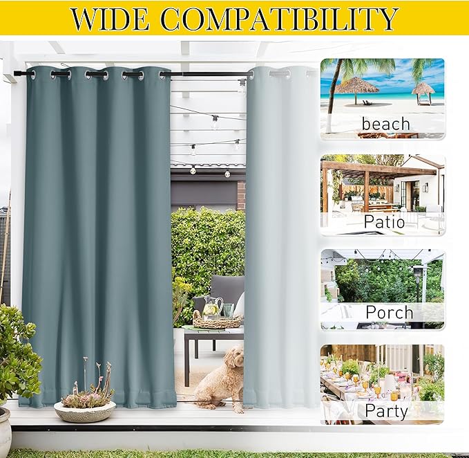 NICETOWN 2 Panels Waterproof Outdoor Curtains Fixed Grommet & Back Tab on Top & Bottom, Thermal Insulated Keep Rain & Sun Out Privacy Windproof Outdoor Draperies with Rope, W52 x L72, Greyish Blue