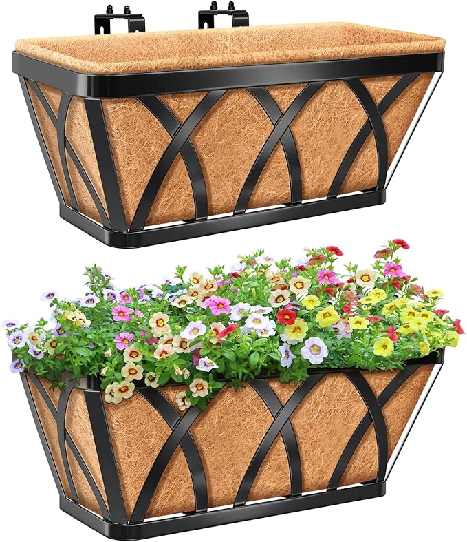 Riare 2 Pack 16 Inch Metal Railing Planter Window Box with Coco Liner- Adjustable Window Flower Boxes for Railings, Hanging Rail Planters for Deck, Balcony, Porch, Fence, Indoor Outdoor Plants