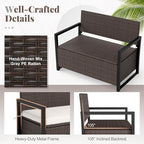 RELAX4LIFE Wicker Outdoor Bench with Storage - Rattan Deck Box w/Protective Liner for Pillows, Pool Supplies, Garden Tools, Patio Loveseat with Seat Cushion & Metal Armrests for Backyard Porch Balcony