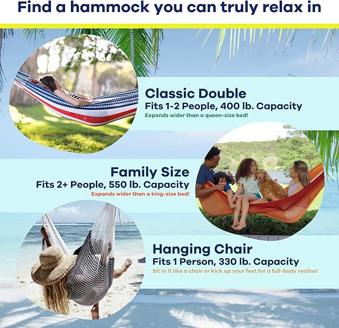 Handwoven Hammock by Yellow Leaf Hammocks - Double Size, Fits 1-2 PPL, 400lb max - Weathersafe, Super Strong, Easy to Hang, Ultra Soft, Artisan Made - Color: Stripe Navy Blue - White