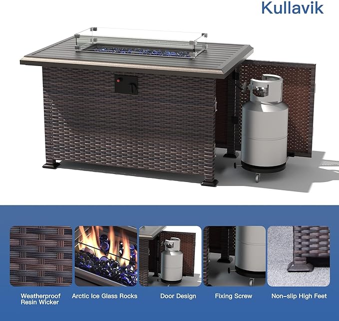 Kullavik 13 Pieces Outdoor Patio Furniture Set,PE Wicker Rattan Sectional Sofa Patio Conversation Sets with 43" 55000BTU Gas Propane Fire Pit Table,Swivel Rocking Chairs Set,Navy Blue