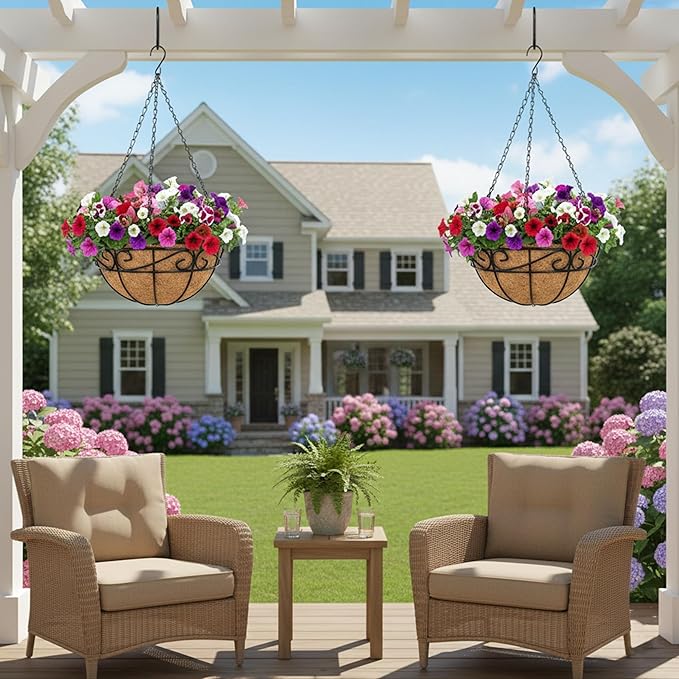 Outdoor Metal Hanging Planters Basket (2pack, 14 inch) Hanging Baskets for Plants Chain Round Wire Plant Holder with Coco Fiber Liners for Garden, Patio, Deck, Porch(Flower Border)