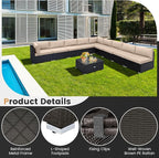 Tangkula 10 Pieces Patio Sofa Set, Outdoor Wicker Conversation Set with Soft Cushions, Tempered Glass Tabletop, Sofa Fastener Clips Included, Rattan Furniture Set for Backyard, Poolside (Beige)