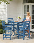 SERWALL 5-Piece Adirondack Bar Chair Set, HDPE Adirondack Barstools with Pub Table, Outdoor Patio Bar Furniture for Bistro, Balcony, Poolside, Garden - Blue