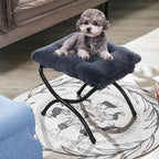 15" Foldable Foot Stool Ottoman with Metal Frame - Washable Faux Fur Navy Upholstered Indoor/Outdoor Footrest for Living Room, Bedroom, Patio - Space-Saving Compact Design
