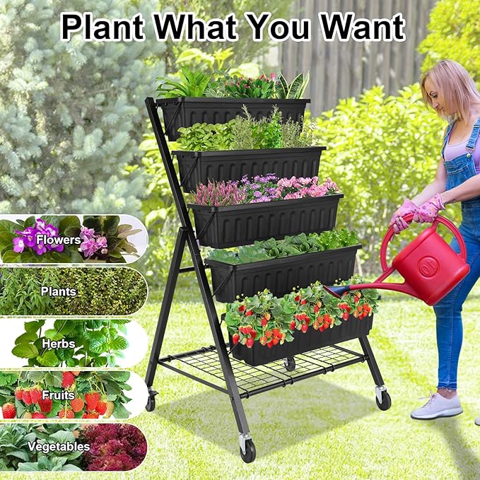 Homdox 5-Tier Vertical Garden Bed with Lockable Caster Wheels and Storage Rack - 4FT Vertical Raised Bed with 5 Garden Planter Boxes- Perfect to Grow Vegetables Herbs Flowers Indoor(Black)