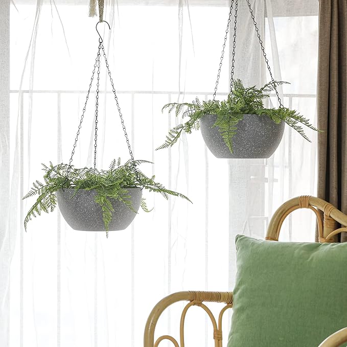 T4U Hanging Planters for Indoor Plants, 10 Inch Hanging Planter Outdoor 2 Pack, Hanging Basket with Drainage Holes, Hanging Plant Holder Indoor, Flower Pots, Plant Pots for Garden, Grey