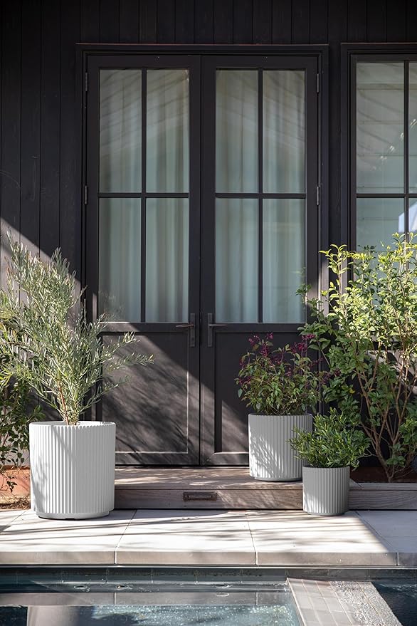 Veradek Demi Series Set of 3 Round Planters for Porch, Patio, Backyard | Durable Plastic-Concrete Material | Modern Décor for Tall Plants, Flower