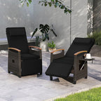 RELAX4LIFE Rattan Outdoor Recliner Chair - Wicker Chaise Lounge Chair w/Adjustable Back & Footrest, Acacia Wood Armrests, Flip Side Table, Cushion, Reclining Patio Chair for Pool Yard (2, Black)