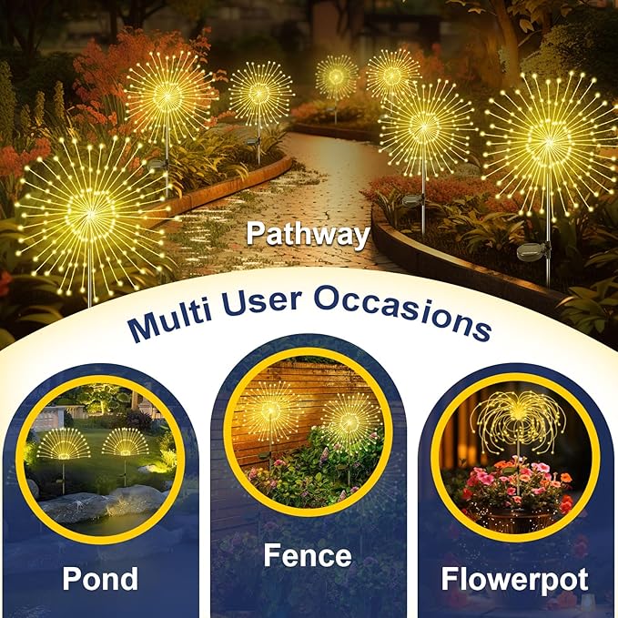 Solar Garden Lights Outdoor, 6 Pack 120 LED Twinkling Firework Lights Decorative with 2 Modes, Outdoor Waterproof Solar Starburst Light for Outside Yard Pathway Garden Decor, Warm White