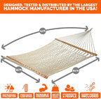 Castaway Living 13 ft. Double Traditional Hand Woven Oatmeal Polyester Rope Hammock – 2-Person, 450 lb Capacity, Free Extension Chains & Tree Hooks, Designed in The USA