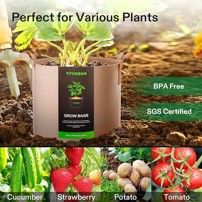 VIVOSUN 5-Pack 1 Gallons Grow Bags Heavy Duty Thickened Nonwoven Fabric Pots with Strap Handles Tan