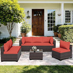 ALAULM Patio Furniture Set with Coffee Table, 7 Pieces Outdoor Sectional with Wide Seat and Thick Cushion, All Weather Wicker Rattan Conversation Set for Backyard, Garden, Deck, Red