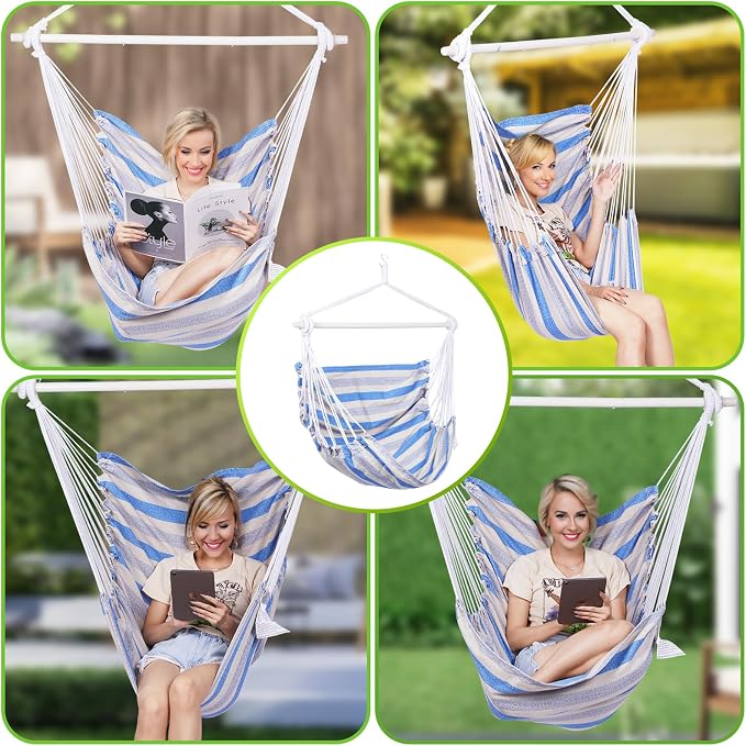 Hammock Chair Blue/Grey Striped Rope Swing, 300 lb Capacity